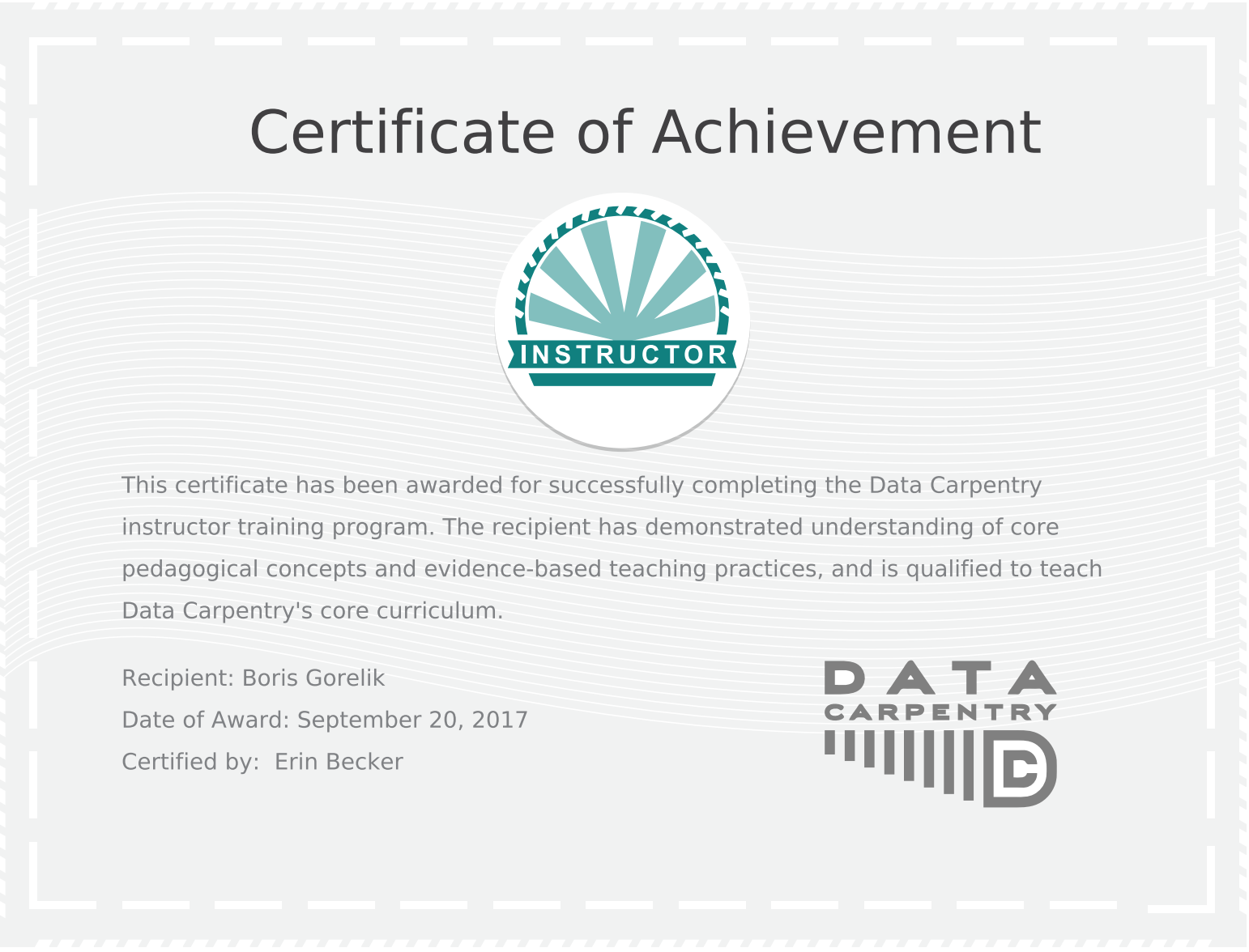 Certificate of achievement. Data Carpentry instructor