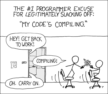 Illustration: famous xkcd comic. Two programmers play during the compilation time