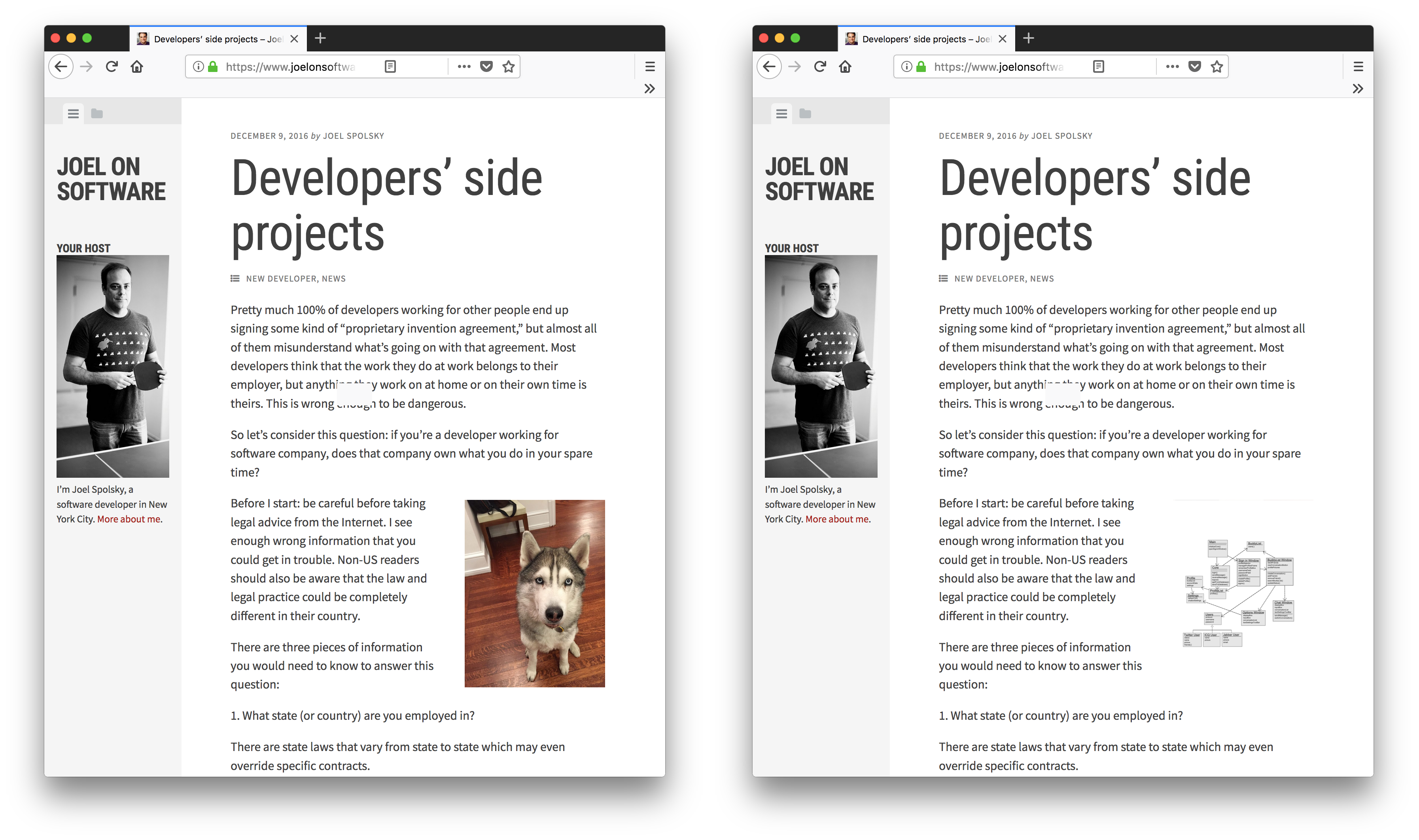 Two screenshots of Joel's blog. One with a Husky, another one with a meaningless diagram
