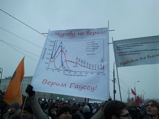 Demonstration in Russia. Poster: "We don't believe Churov. We believe Gauss"