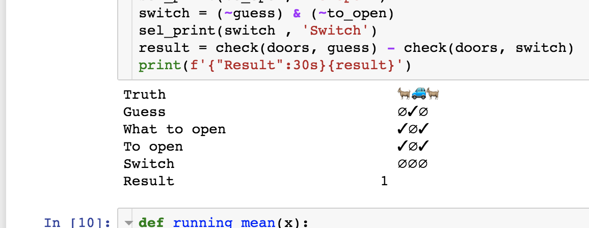 Illustration: Screenshot of a Jupyter notebook that shows the output of one round of Monty Hall simulation