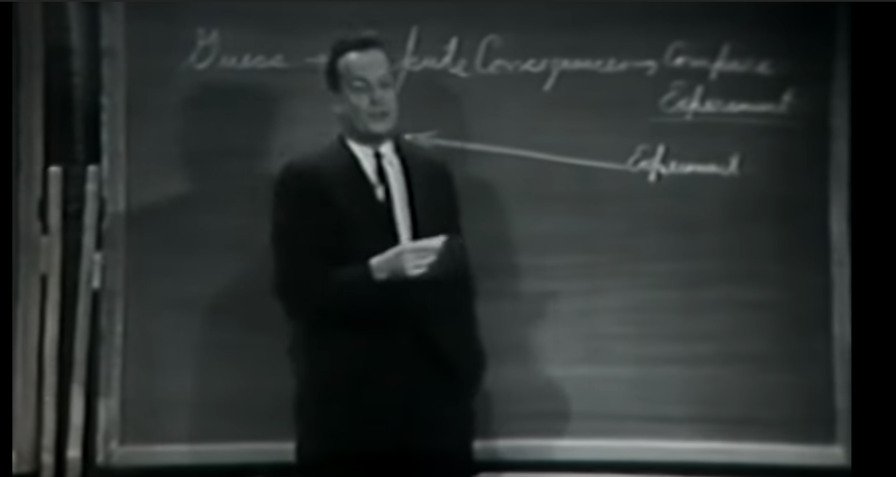 Richard Feynman in front of a blackboard that says: Guess ⟶ Compute Consequences ⟶ Compare to Experiment