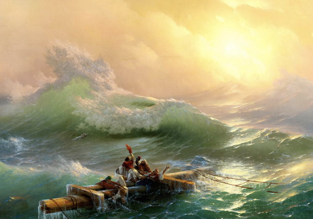 Painting: sailors in a wavy sea